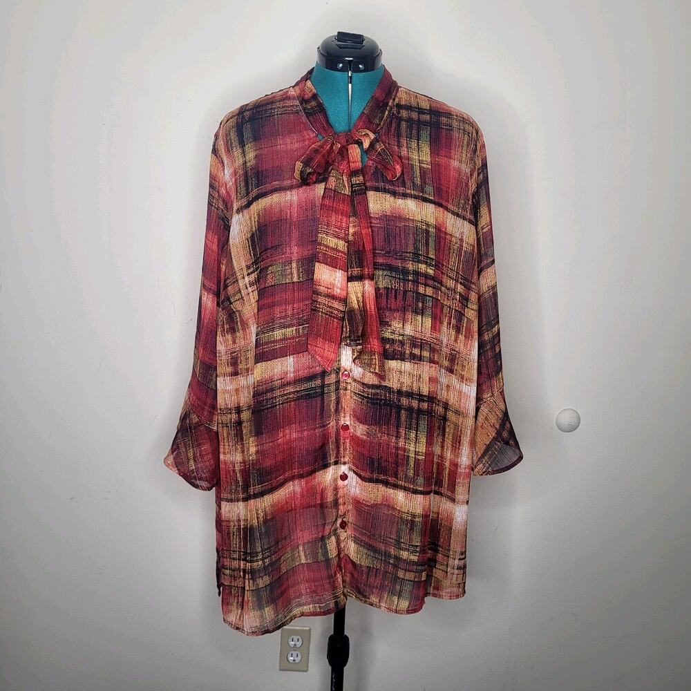 Catherines 3X Red Abstract Plaid‎ Sheer Chiffon Pussy Bow Bell Sleeve Top Career